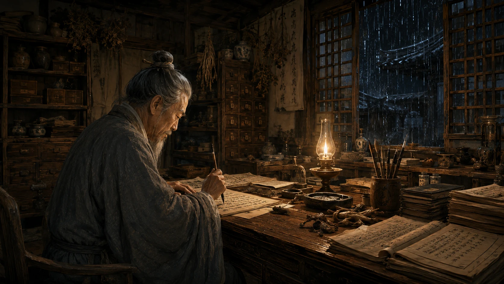 晚年李时珍在雨夜书房的油灯前伏案记录，桌上摊着手稿与药草