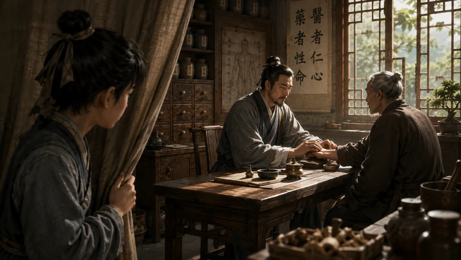 少年李时珍在帘后观察父亲为病人诊脉