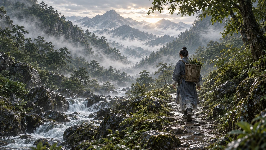 李时珍背着药篓走入蕲州山林，远处群山与溪流铺开