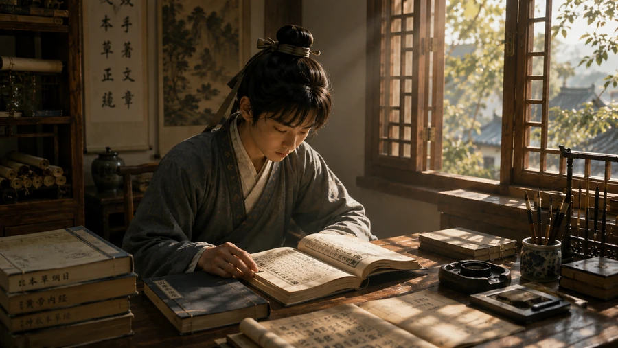 少年李时珍在窗前读书，阳光照亮书案