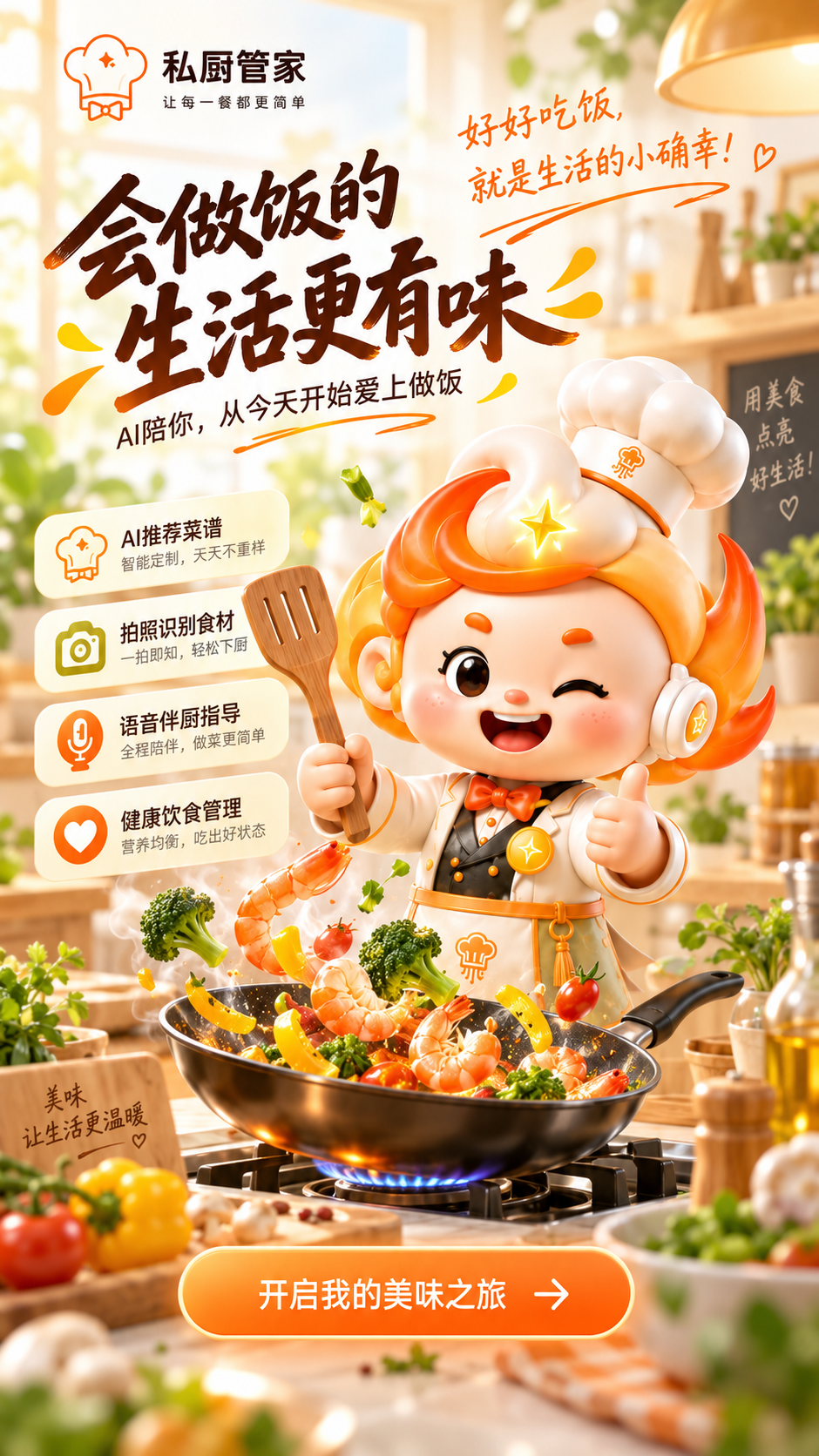 会做饭的生活更有味。AI 陪你，从今天开始爱上做饭。AI 推荐菜谱、拍照识别食材、语音伴厨指导、健康饮食管理。开启我的美味之旅。