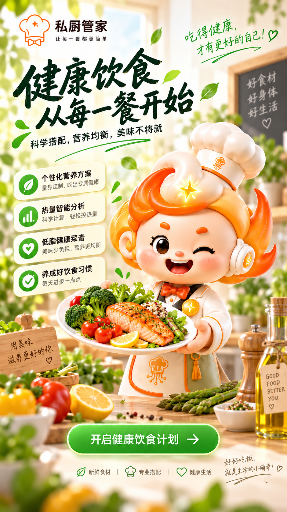 健康饮食，从每一餐开始。科学搭配，营养均衡，美味不将就。个性化营养方案、热量智能分析、低脂健康菜谱、养成好饮食习惯。开启健康饮食计划。