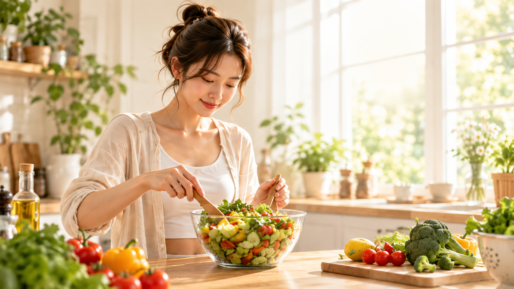 健康管理场景示意：在明亮厨房中准备新鲜蔬菜沙拉的年轻人